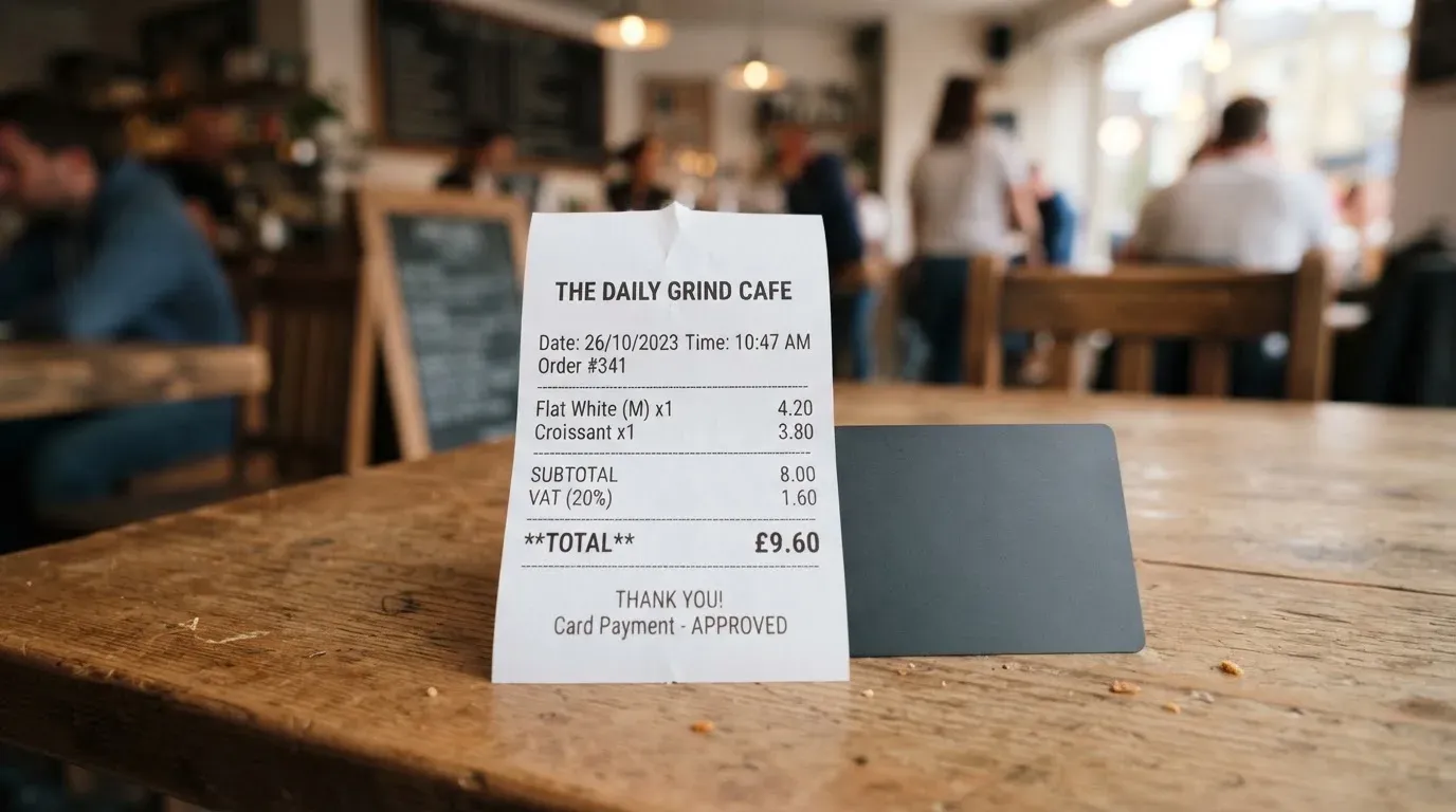 A receipt and a card on a café table