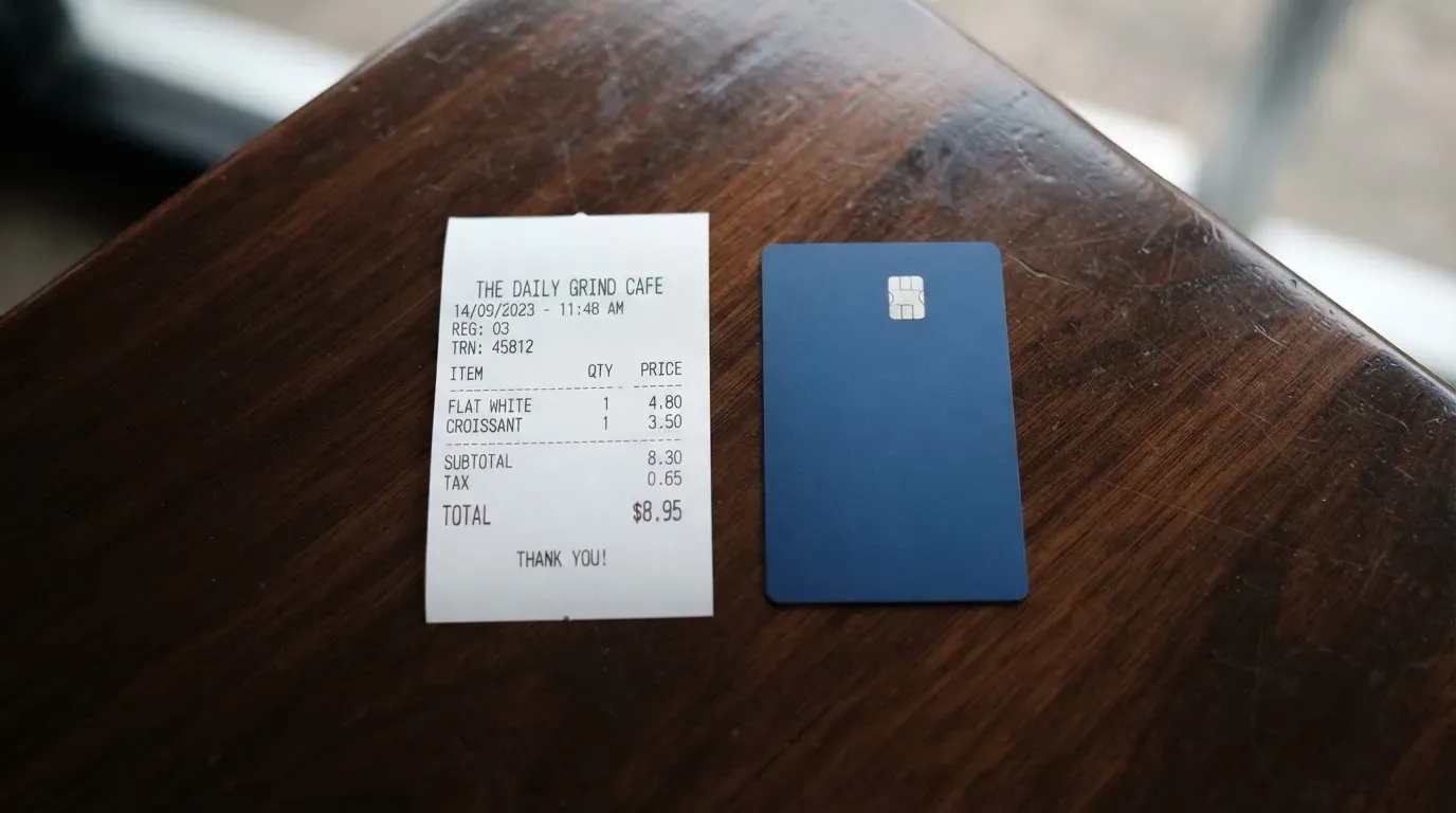 A receipt and a card on a café table