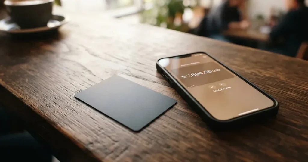A payment card next to a phone with a crypto wallet app open