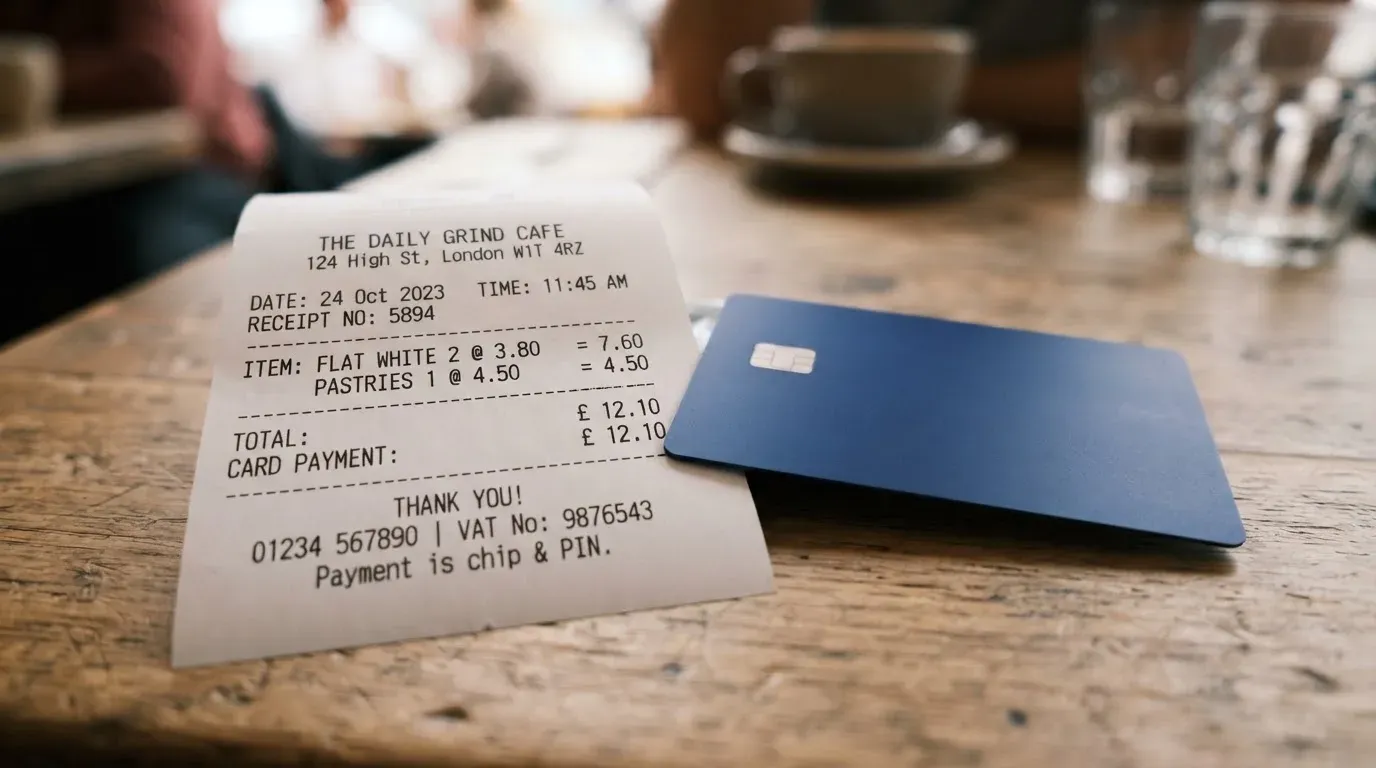 A receipt and a card on a café table