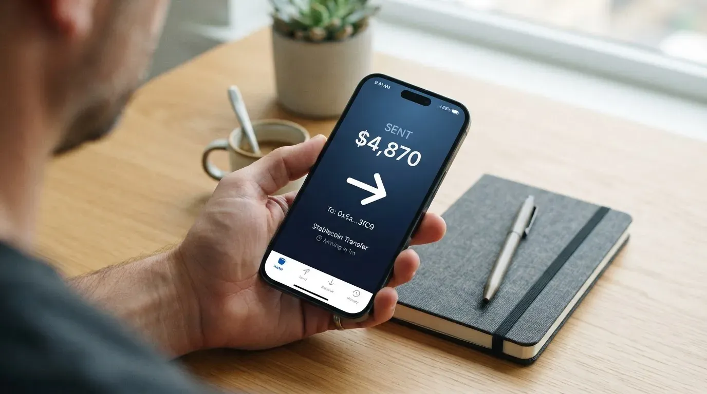 A phone showing a stablecoin transfer screen
