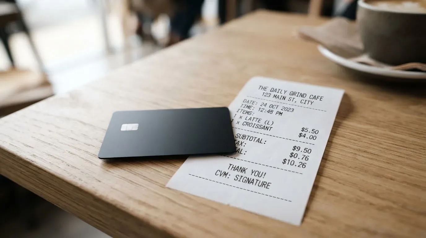 A receipt and a card on a café table