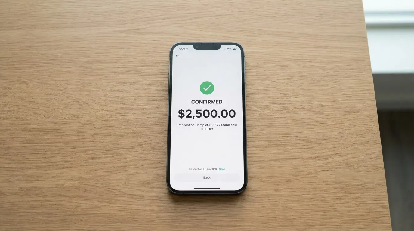 A phone showing a stablecoin transfer screen