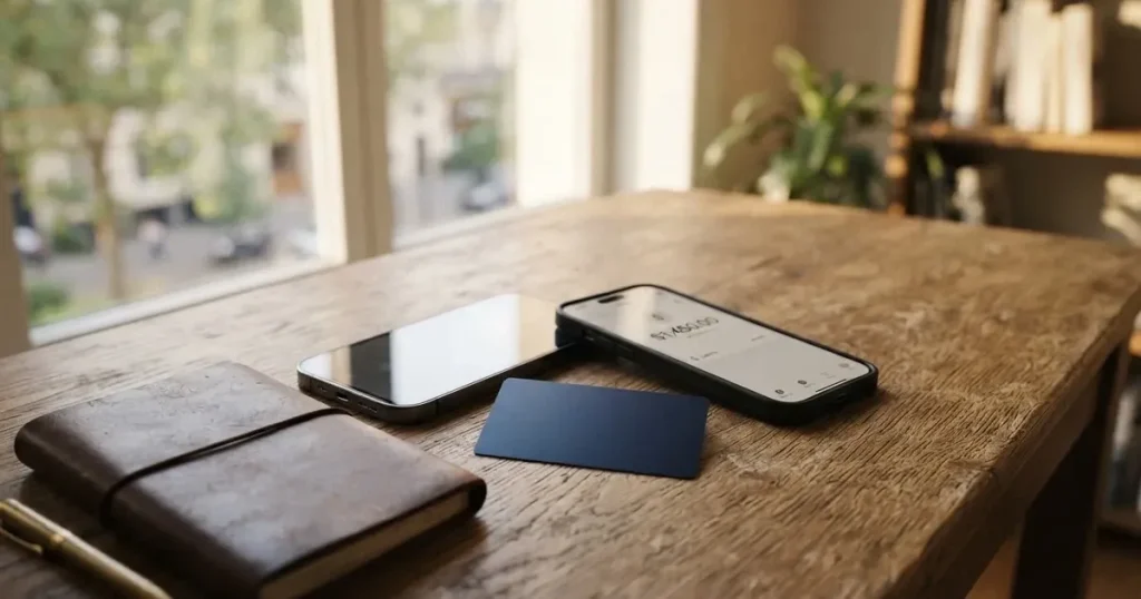 A payment card next to a phone with a crypto wallet app open