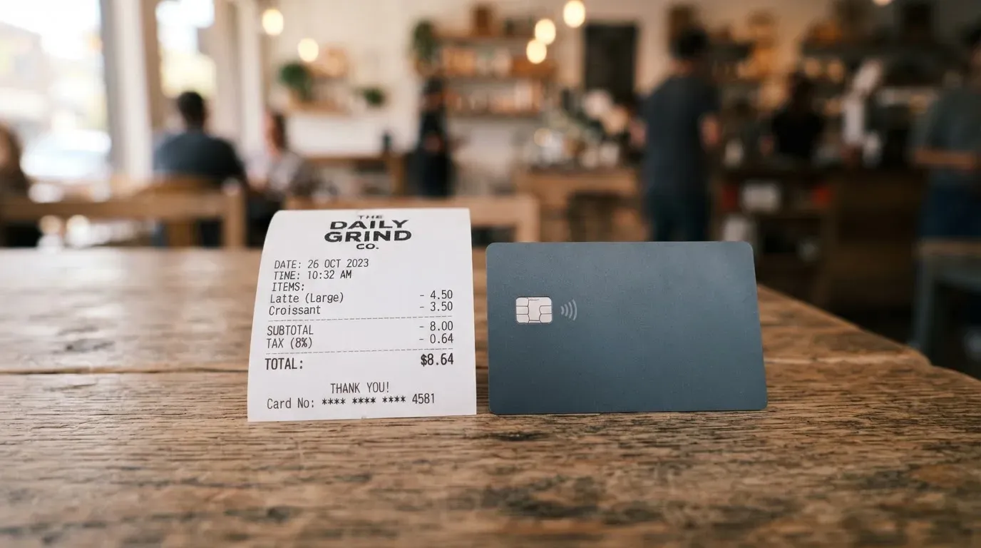 A receipt and a card on a café table
