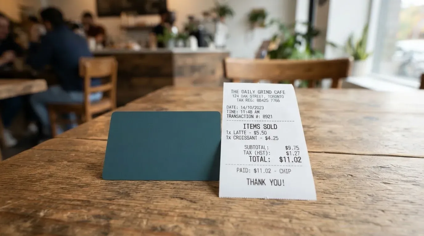 A receipt and a card on a café table