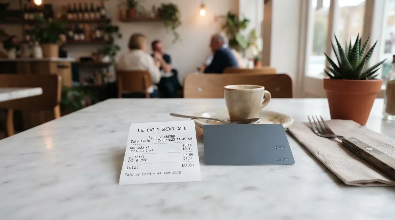 A receipt and a card on a café table