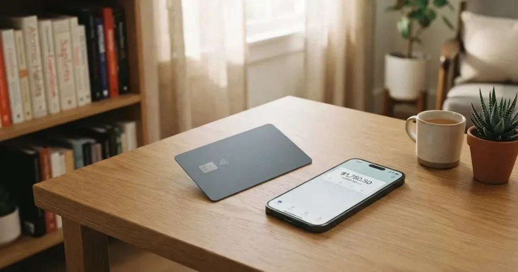 A payment card next to a phone with a crypto wallet app open