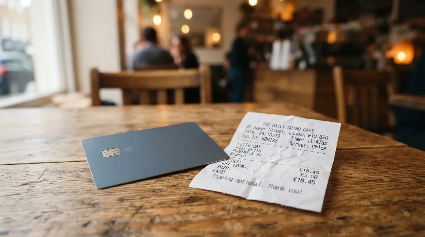 A receipt and a card on a café table