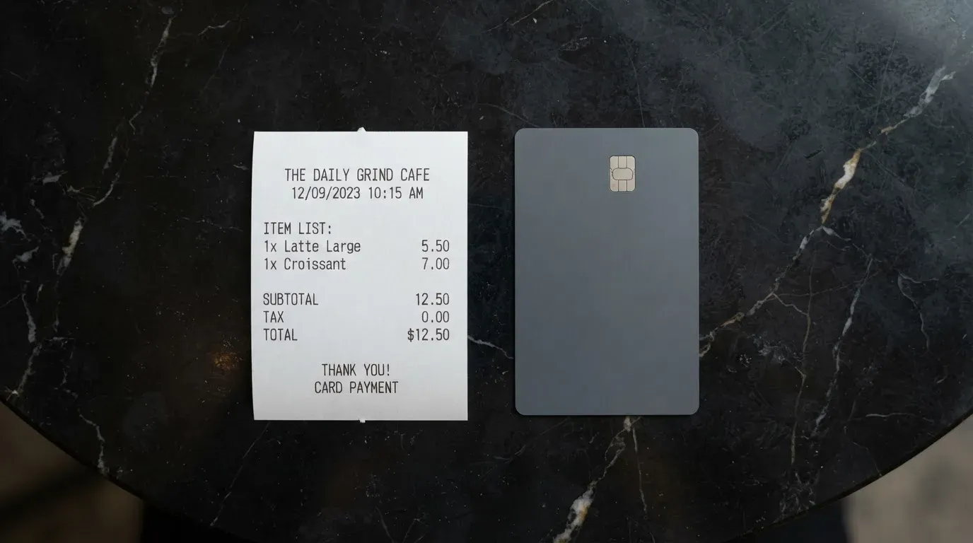 A receipt and a card on a café table