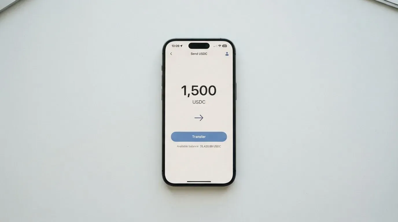 A phone showing a stablecoin transfer screen