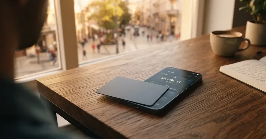 A payment card next to a phone with a crypto wallet app open