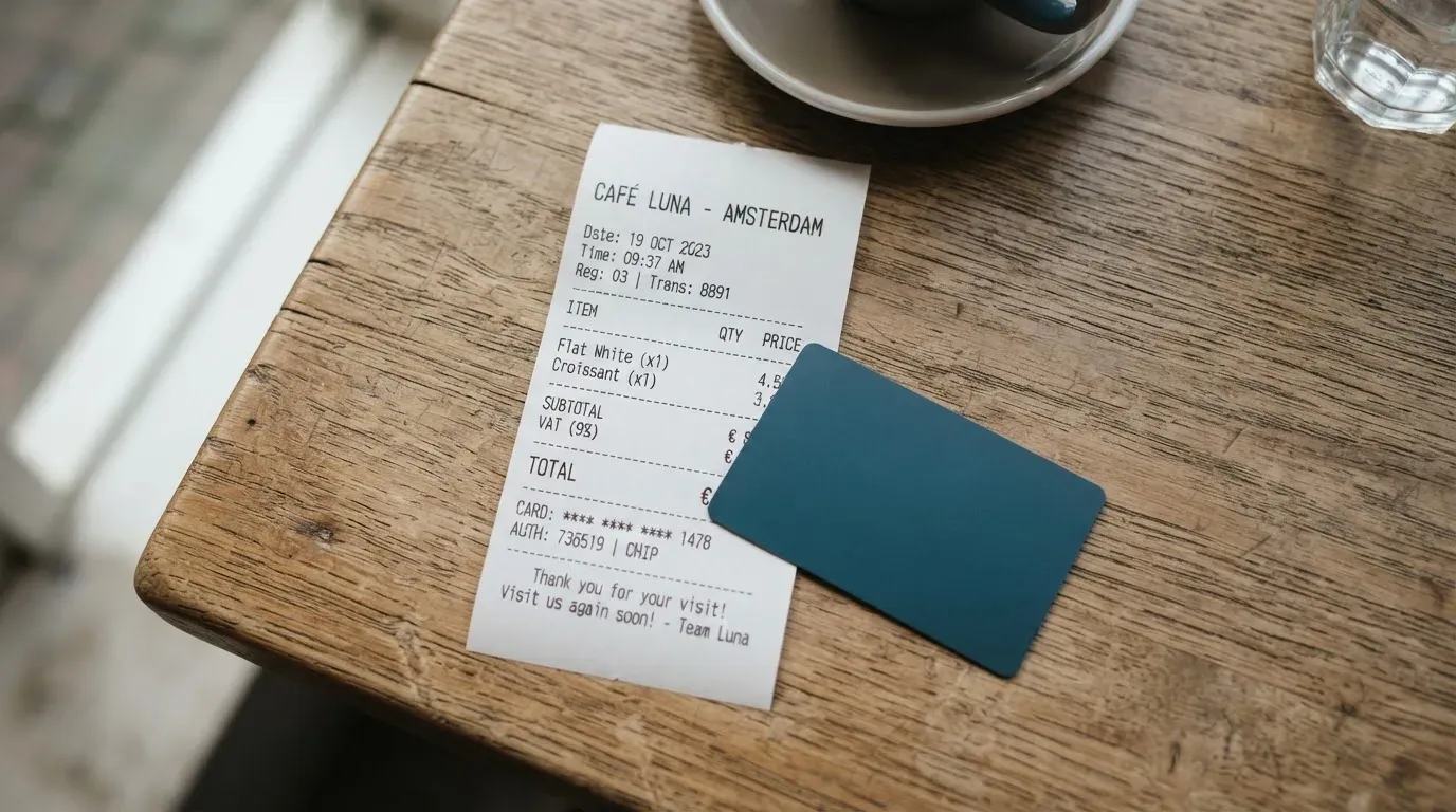 A receipt and a card on a café table