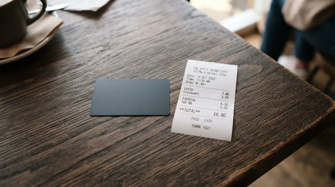 A receipt and a card on a café table