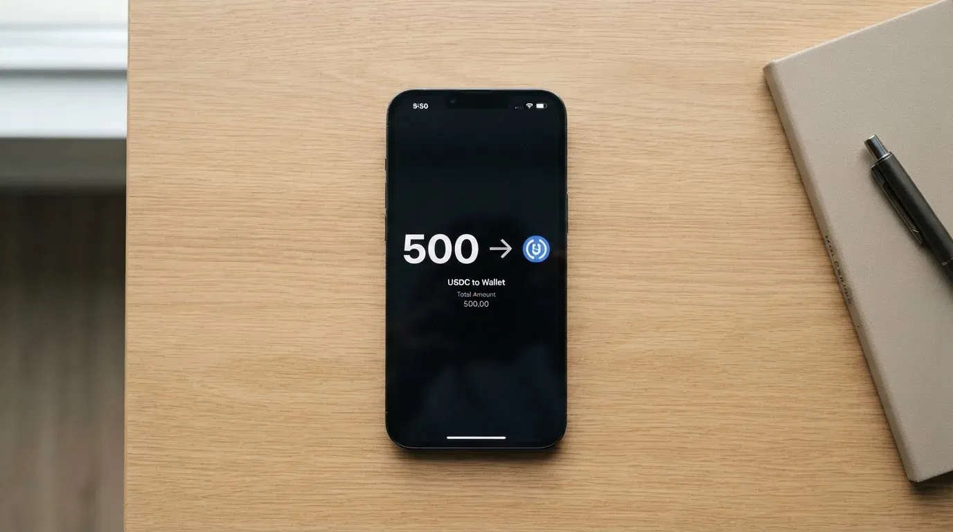A phone showing a stablecoin transfer screen
