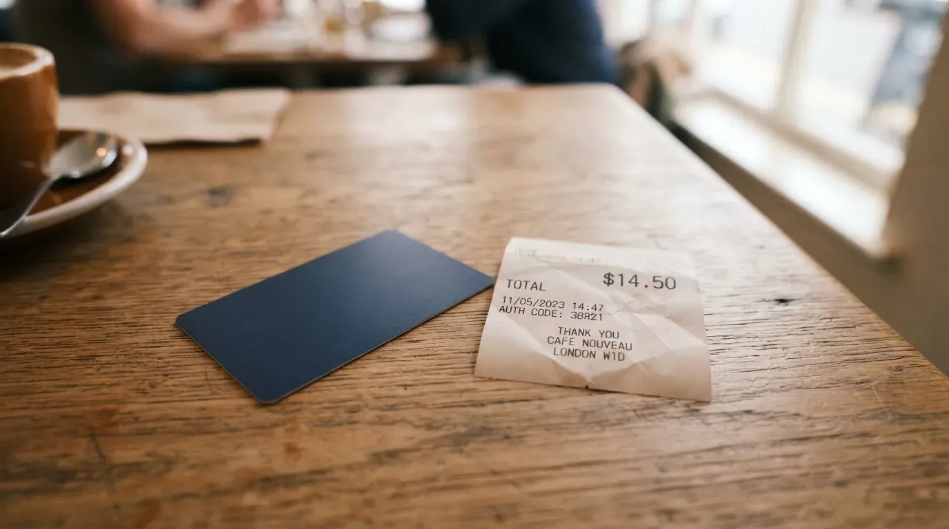 A receipt and a card on a café table