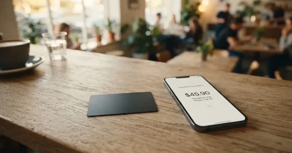 A payment card next to a phone with a crypto wallet app open