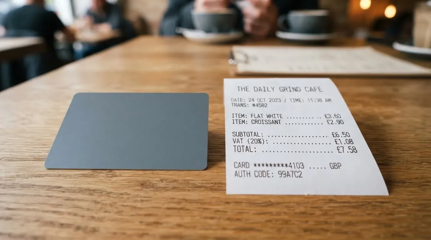 A receipt and a card on a café table