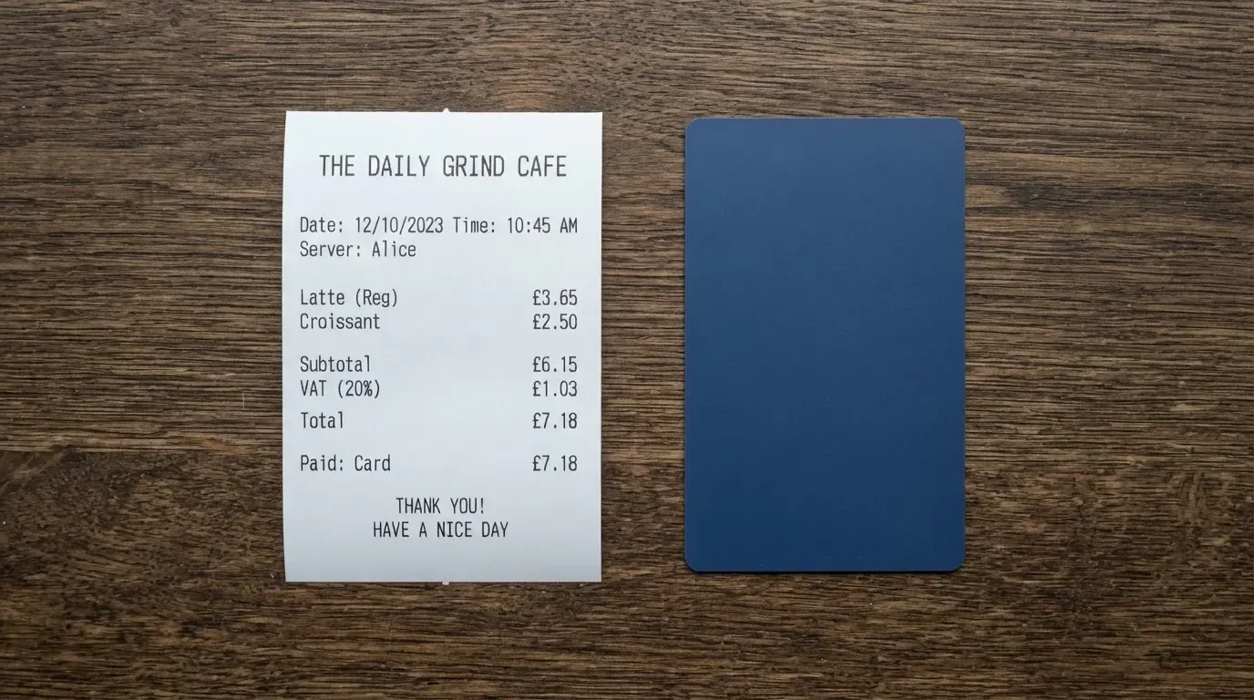 A receipt and a card on a café table