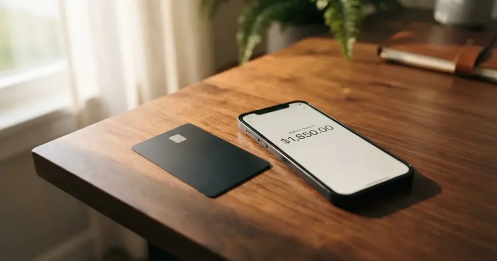 A payment card next to a phone with a crypto wallet app open