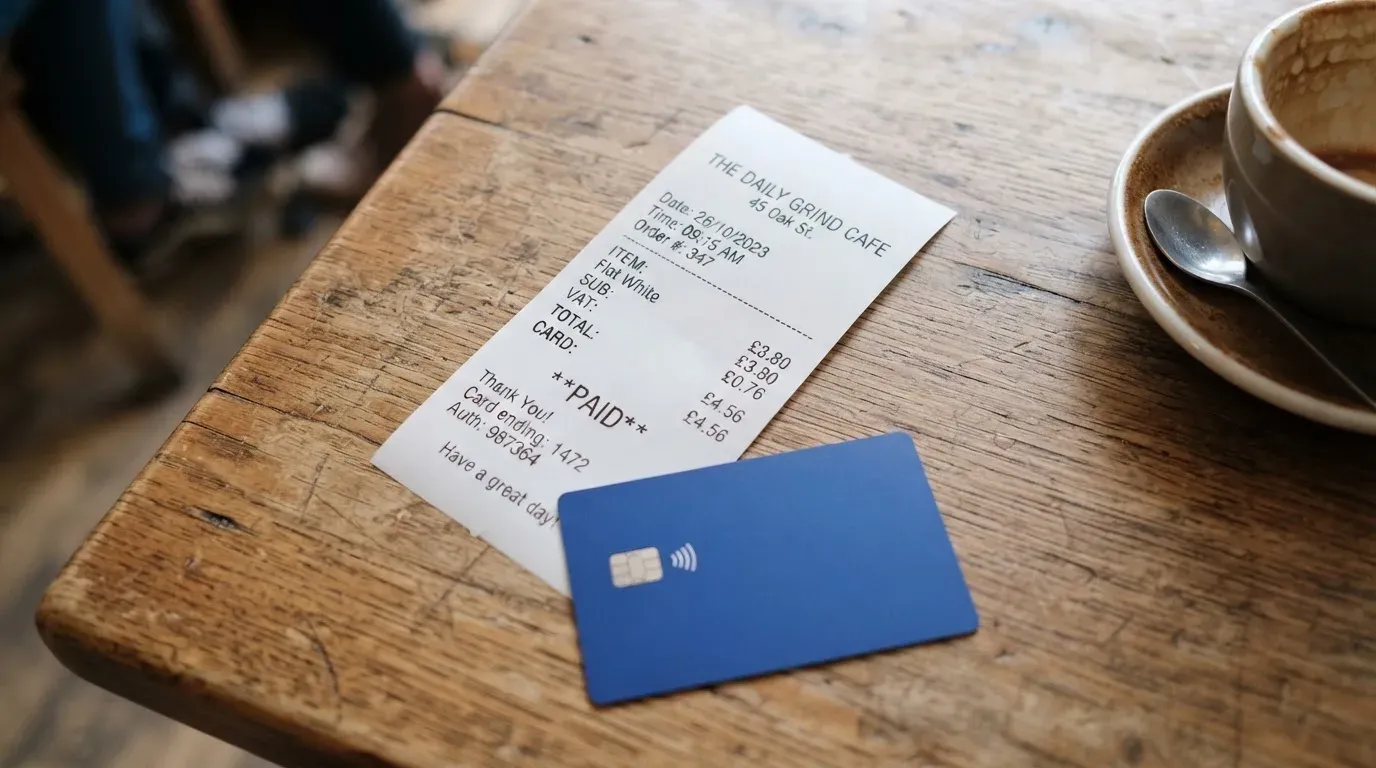 A receipt and a card on a café table