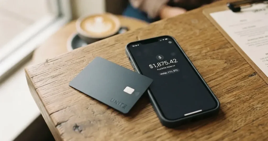 A payment card next to a phone with a crypto wallet app open
