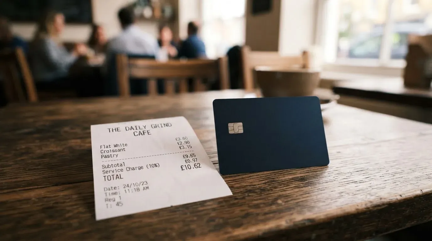 A receipt and a card on a café table