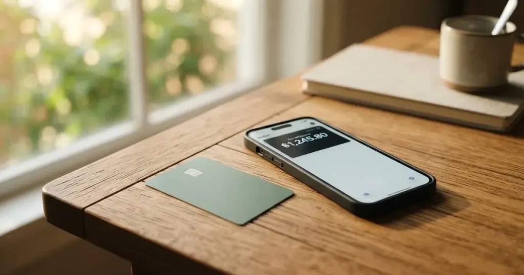 A payment card next to a phone with a crypto wallet app open