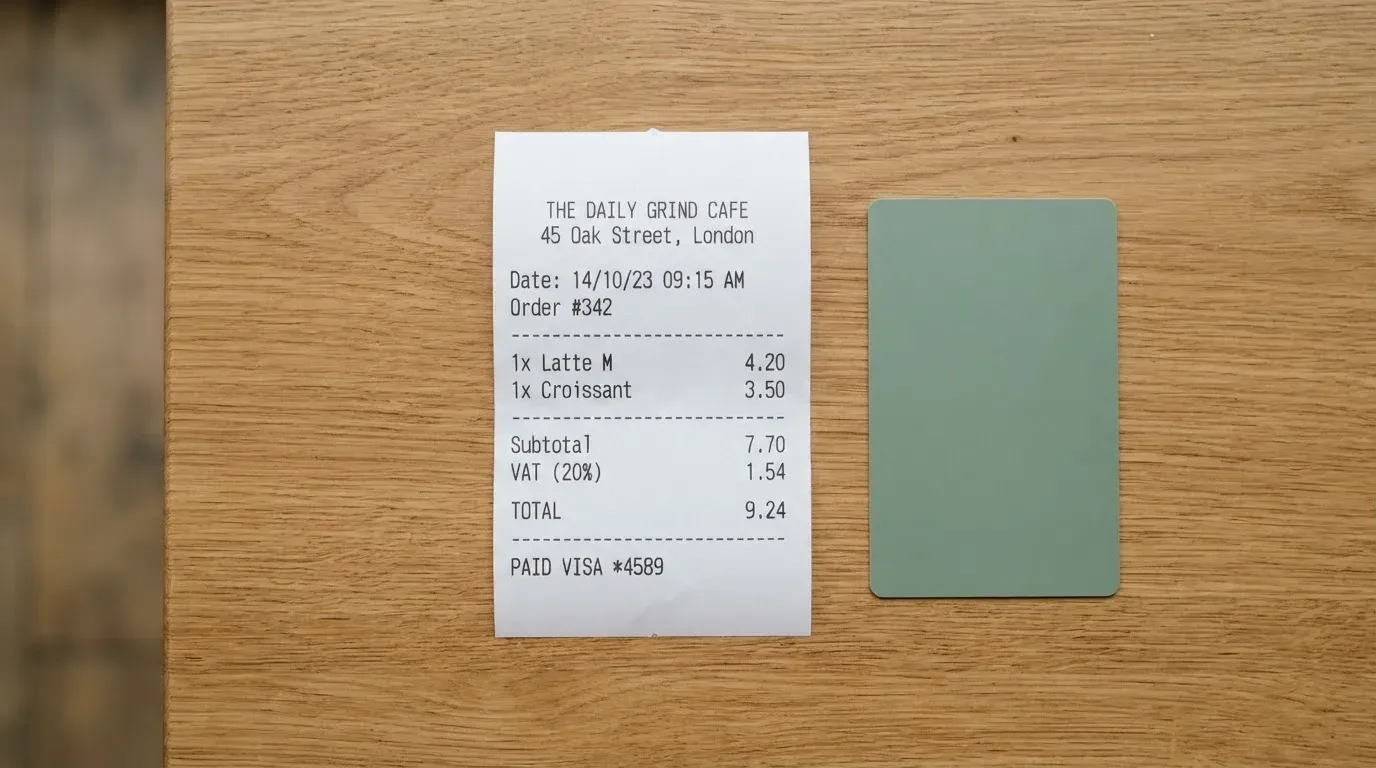 A receipt and a card on a café table