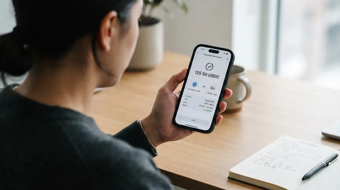 A phone showing a stablecoin transfer screen