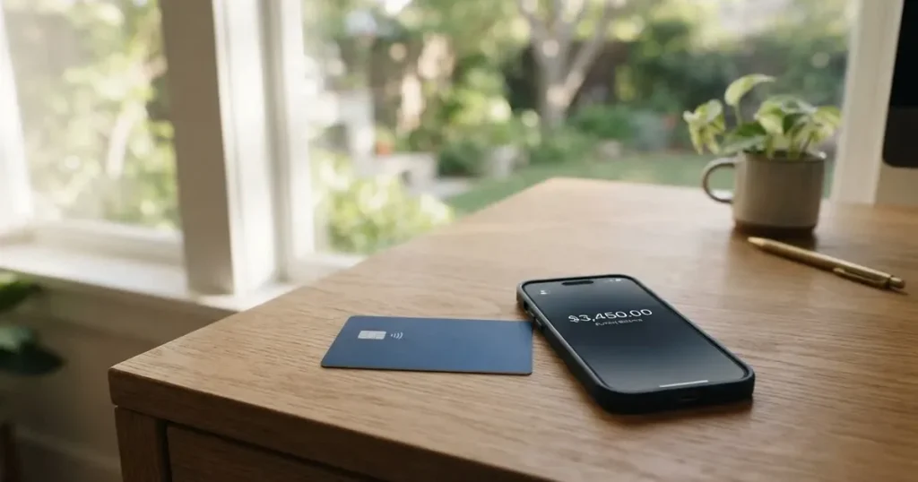 A payment card next to a phone with a crypto wallet app open