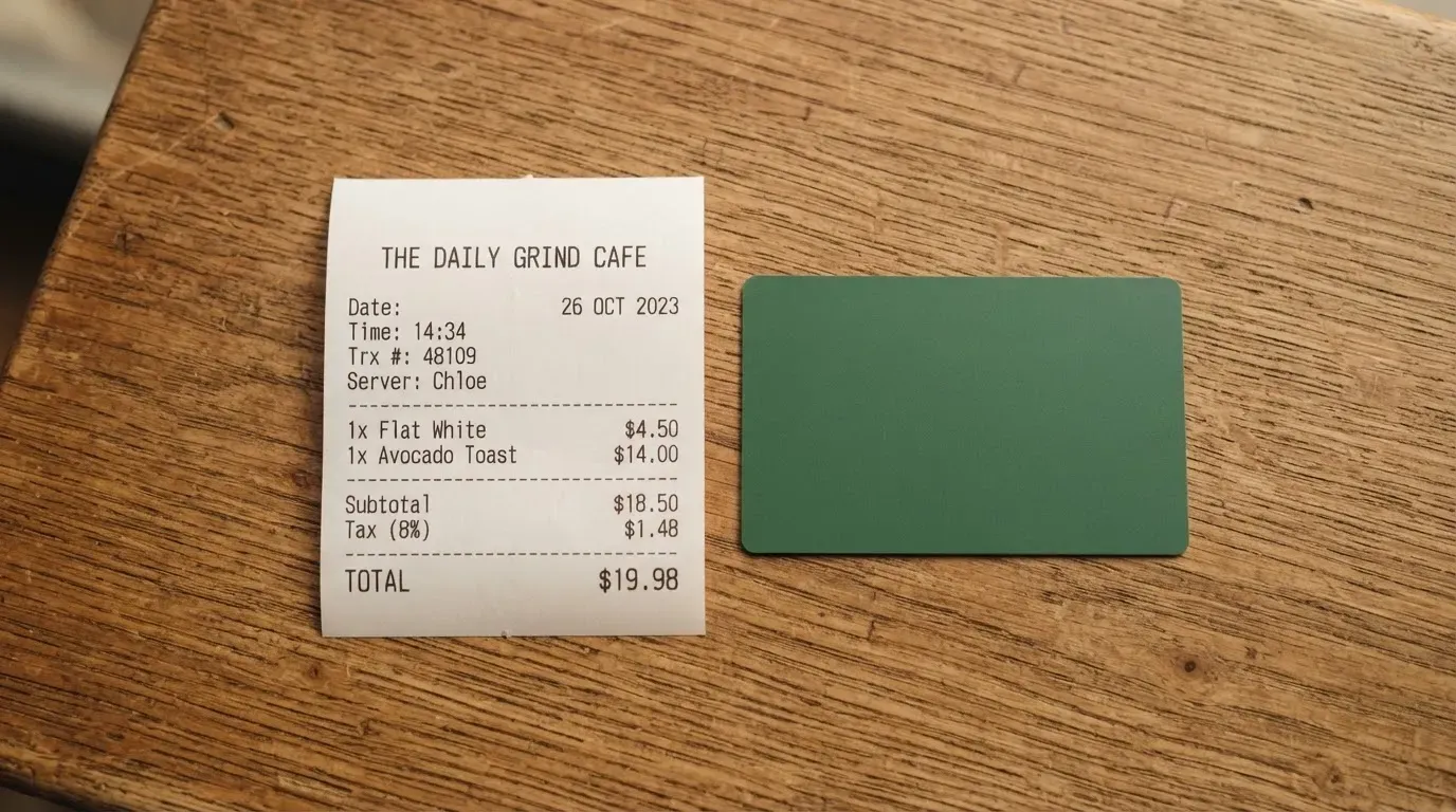 A receipt and a card on a café table