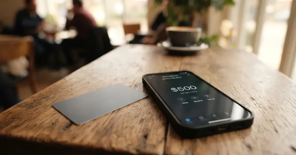A payment card next to a phone with a crypto wallet app open