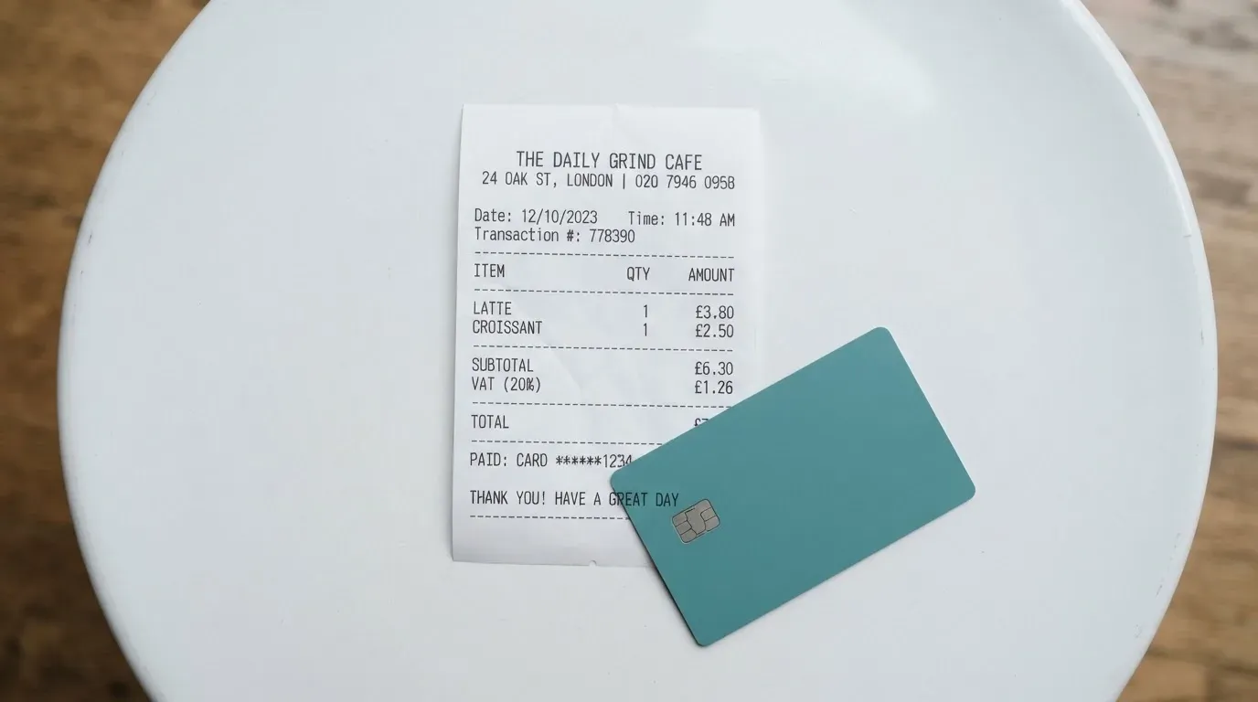 A receipt and a card on a café table