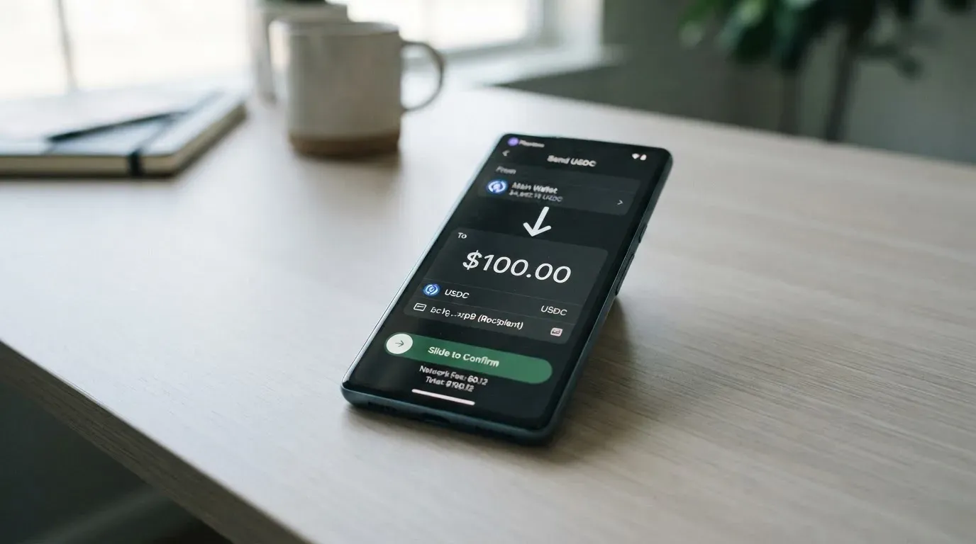 A phone showing a stablecoin transfer screen