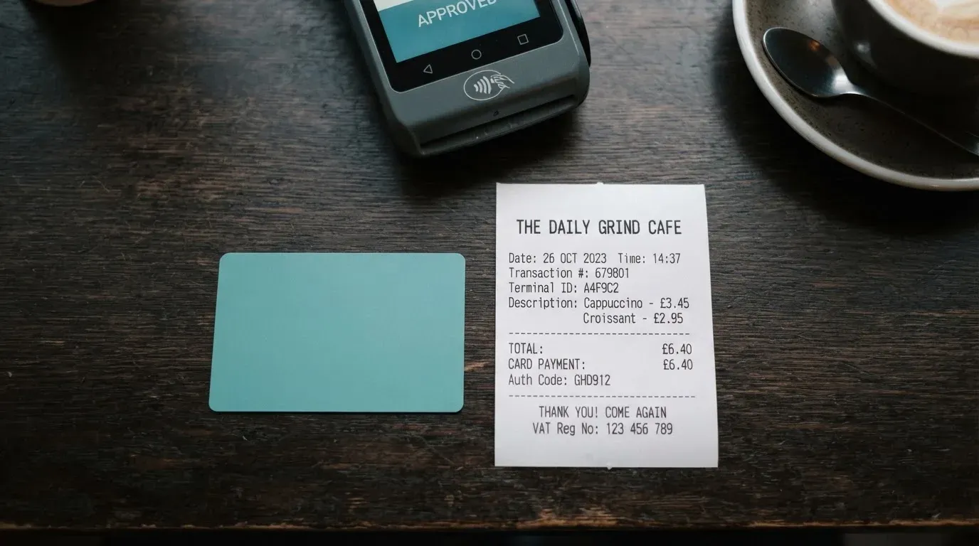 A receipt and a card on a café table