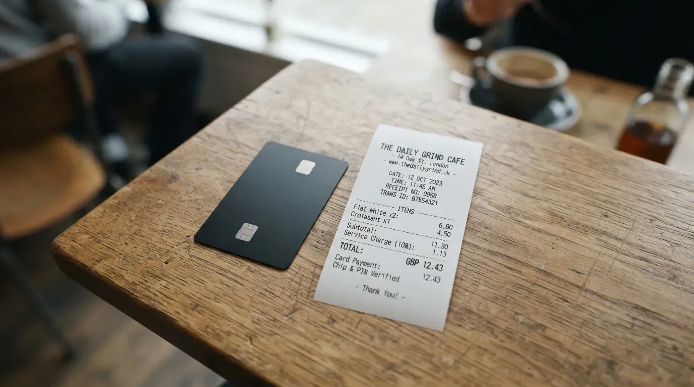 A receipt and a card on a café table