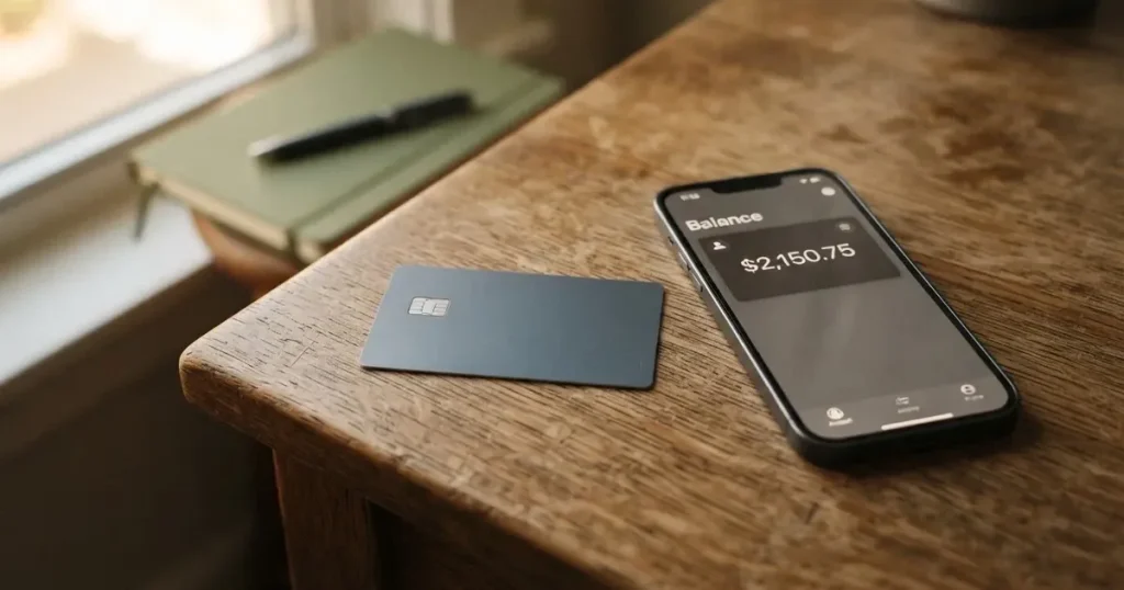 A payment card next to a phone with a crypto wallet app open