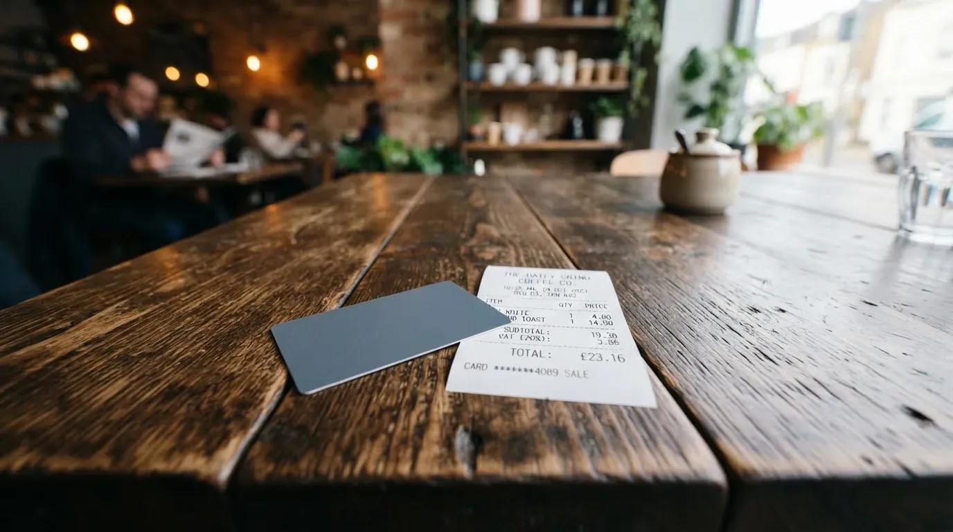 A receipt and a card on a café table