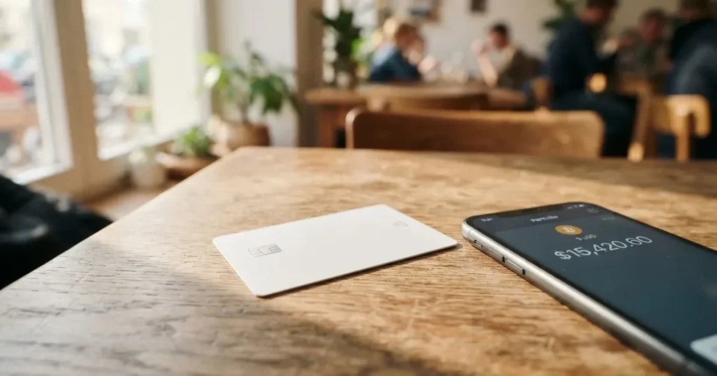 A payment card next to a phone with a crypto wallet app open