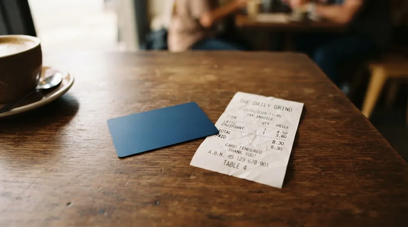A receipt and a card on a café table