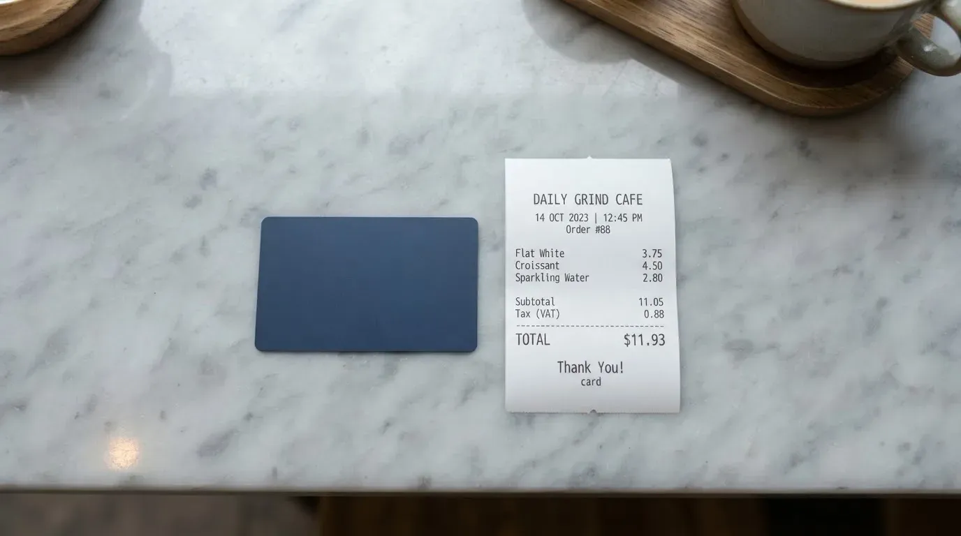 A receipt and a card on a café table