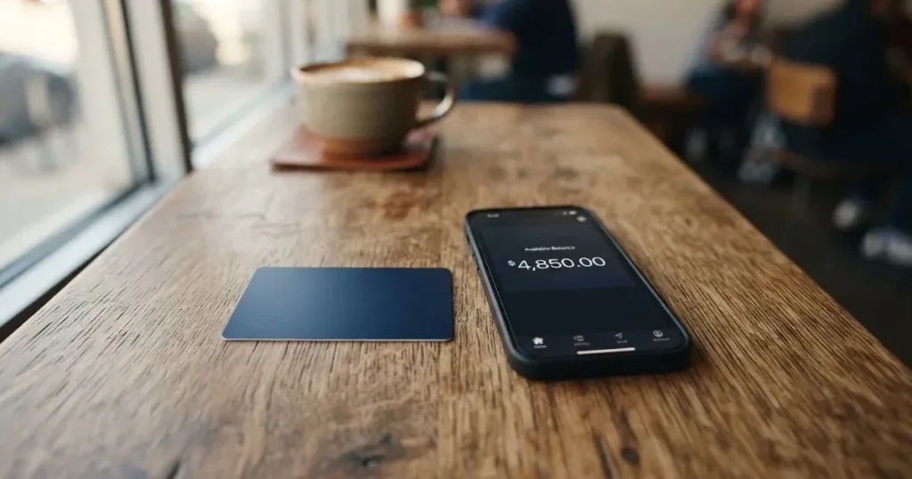 A payment card next to a phone with a crypto wallet app open