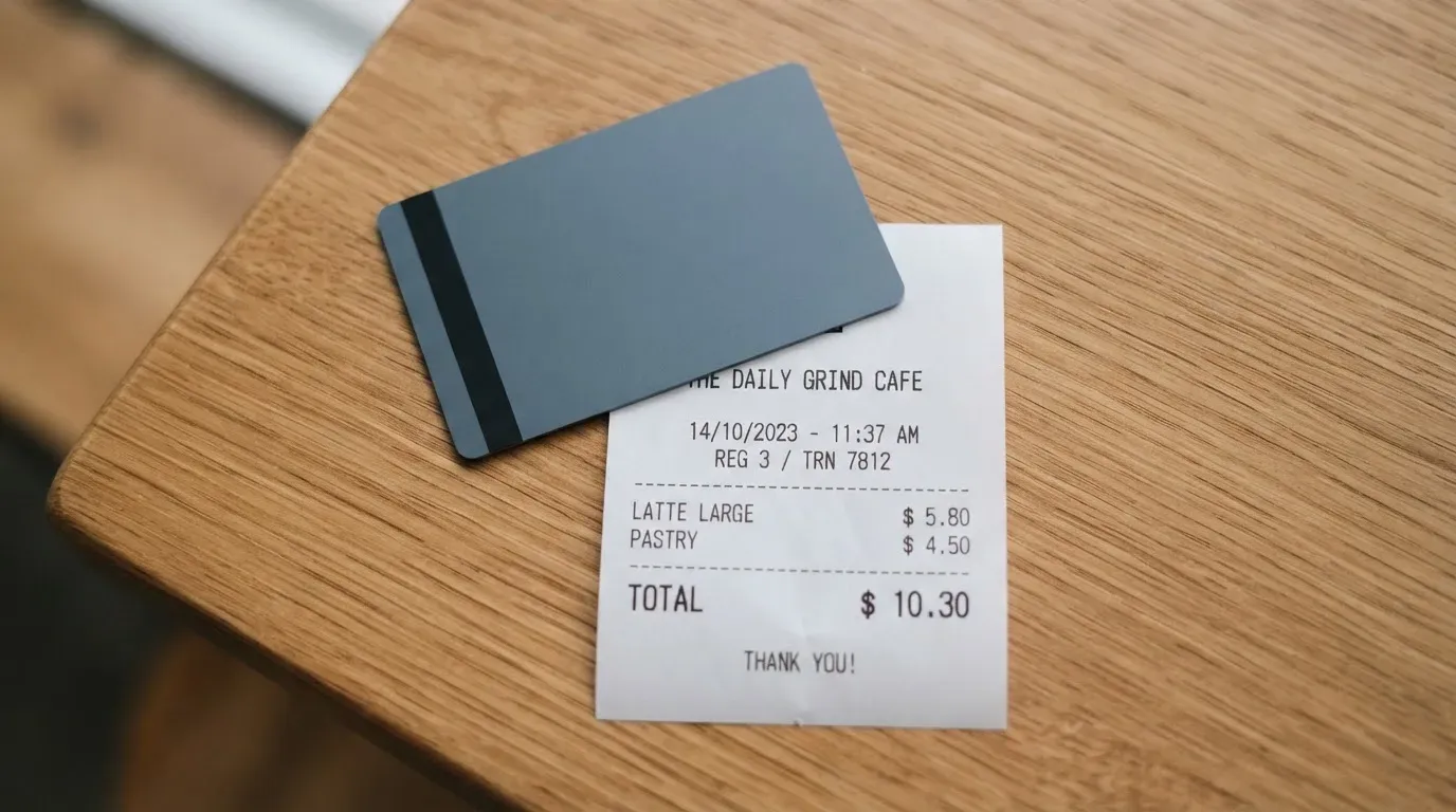 A receipt and a card on a café table