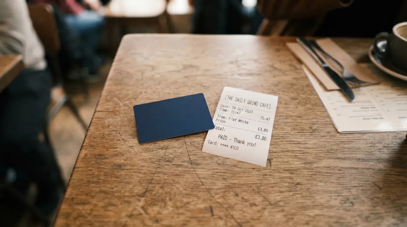 A receipt and a card on a café table