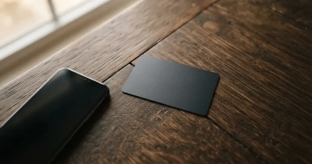 A payment card next to a phone with a crypto wallet app open