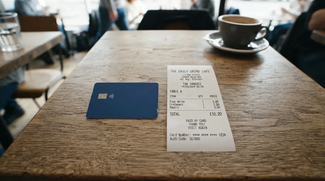A receipt and a card on a café table