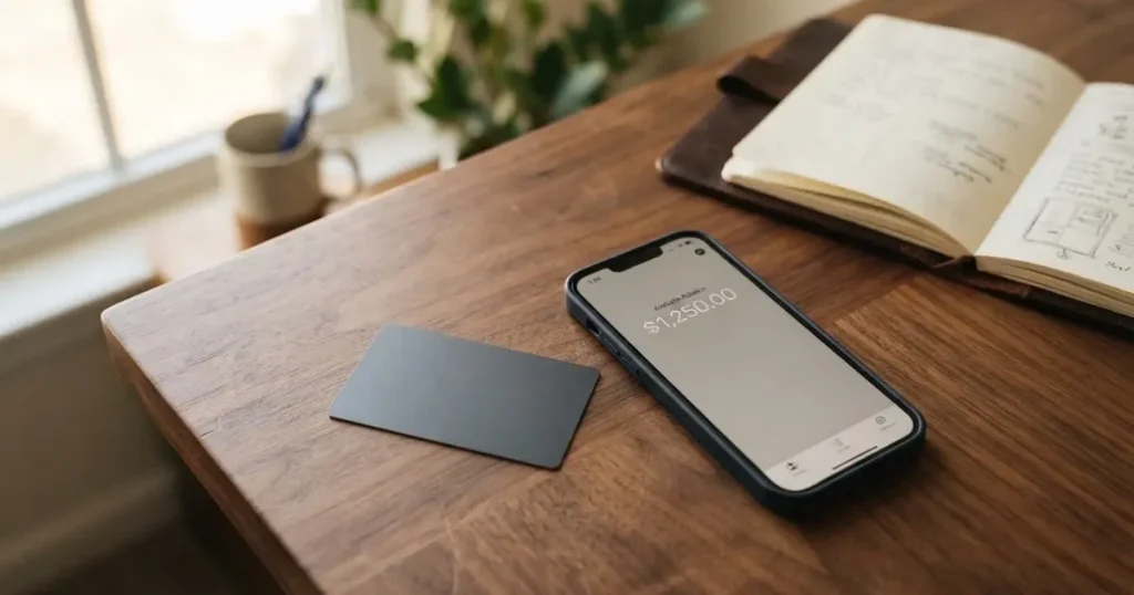 A payment card next to a phone with a crypto wallet app open