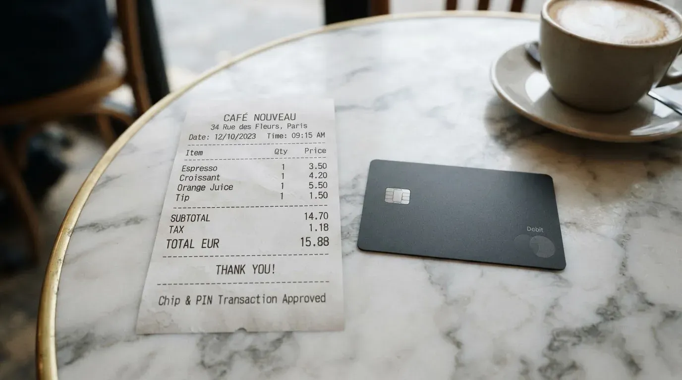 A receipt and a card on a café table