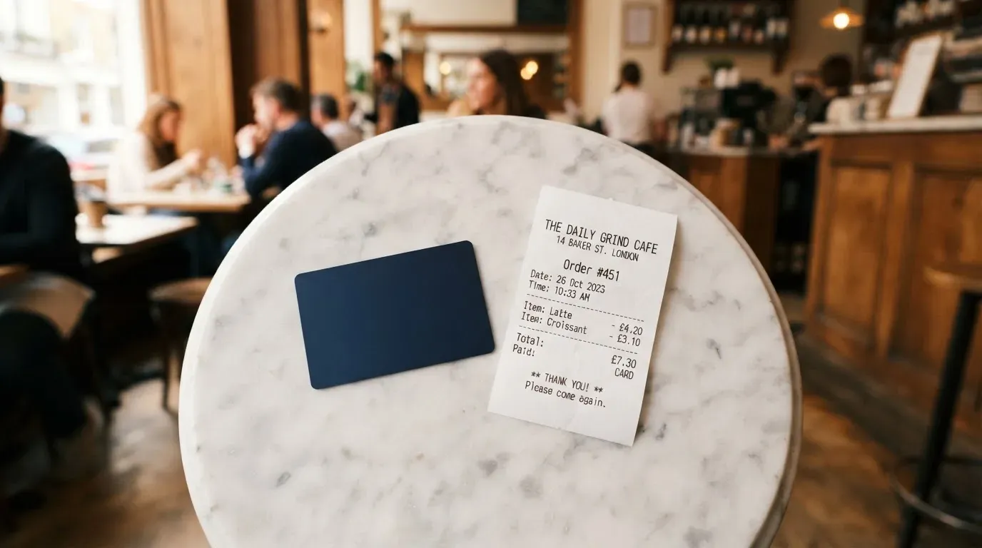 A receipt and a card on a café table